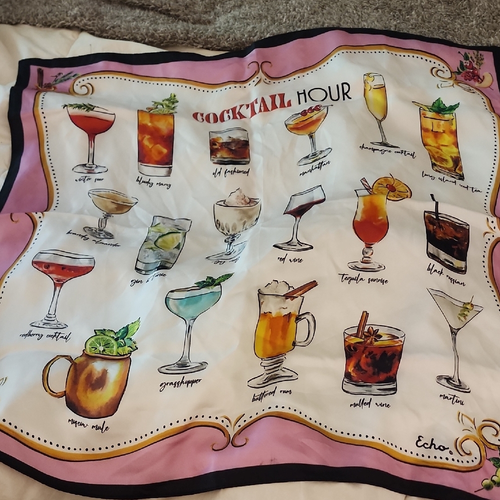 Echo Cocktail Hour Scarf with Drink Illustrations. Silk Scarf